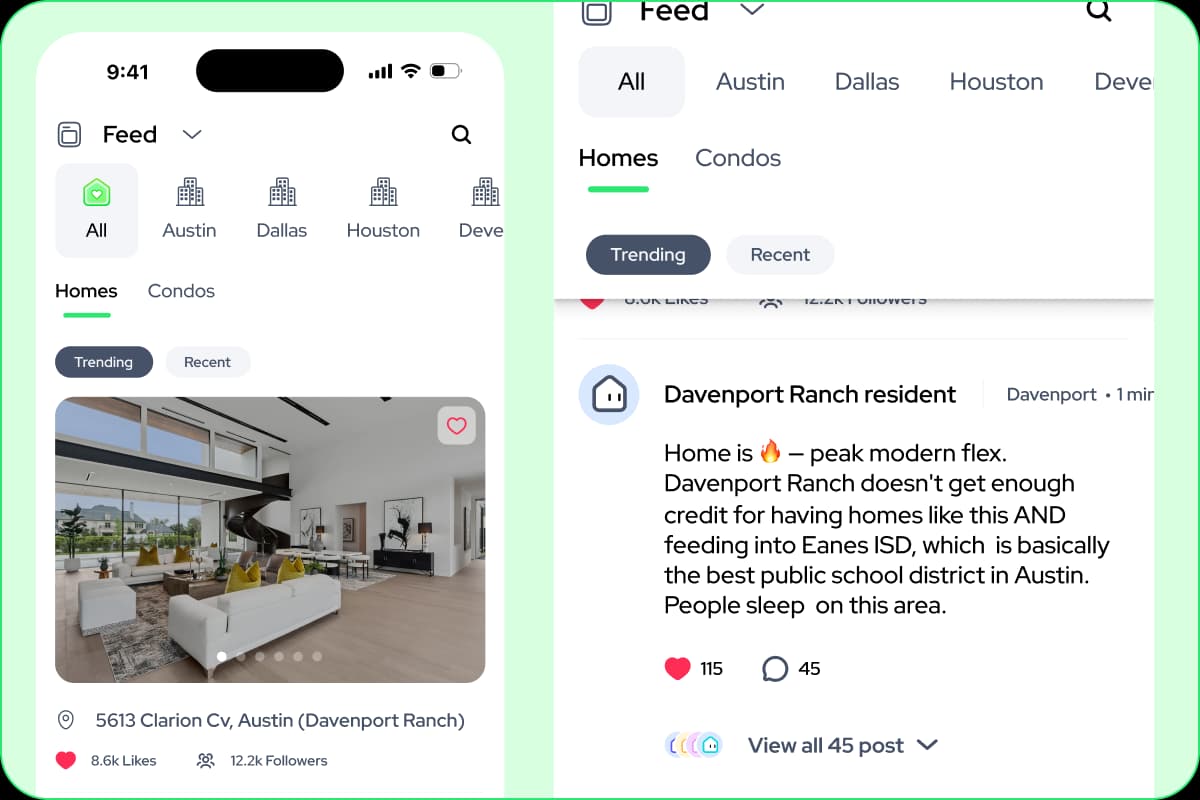 Mayberry app showing home listing with neighborhood conversations